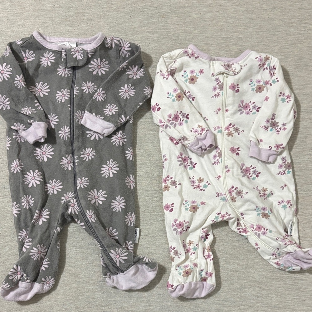 Gerber Kids One Piece Footies - Gray and White with Purple Floral